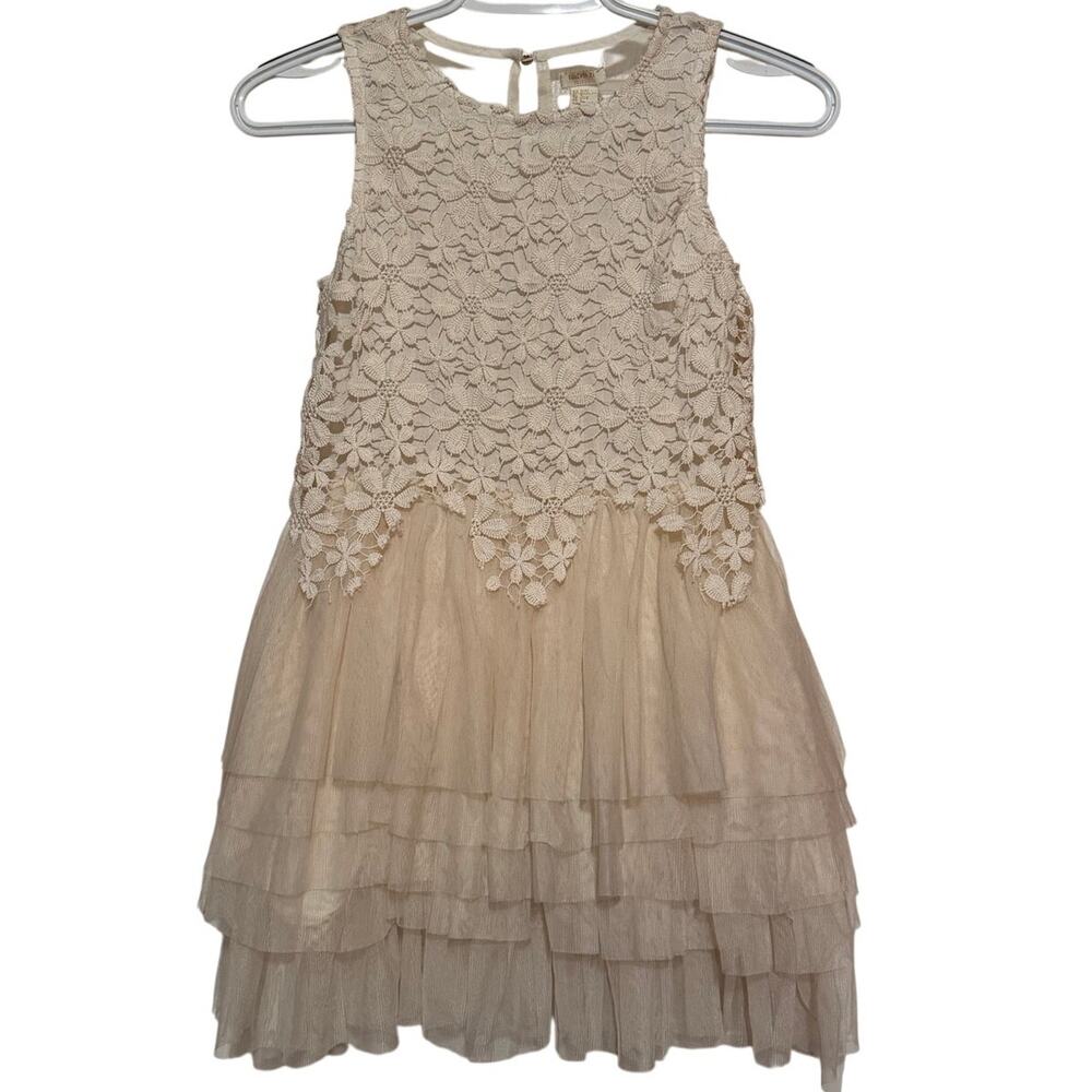 Forever 21 Girl's Beige Floral Crochet Top Tiered Ruffled Tulle Dress Size L